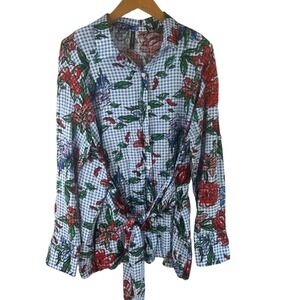 Massini Blouse Gingham Floral Print Tie Waist Boho Whimsical Cottagecore Size LG